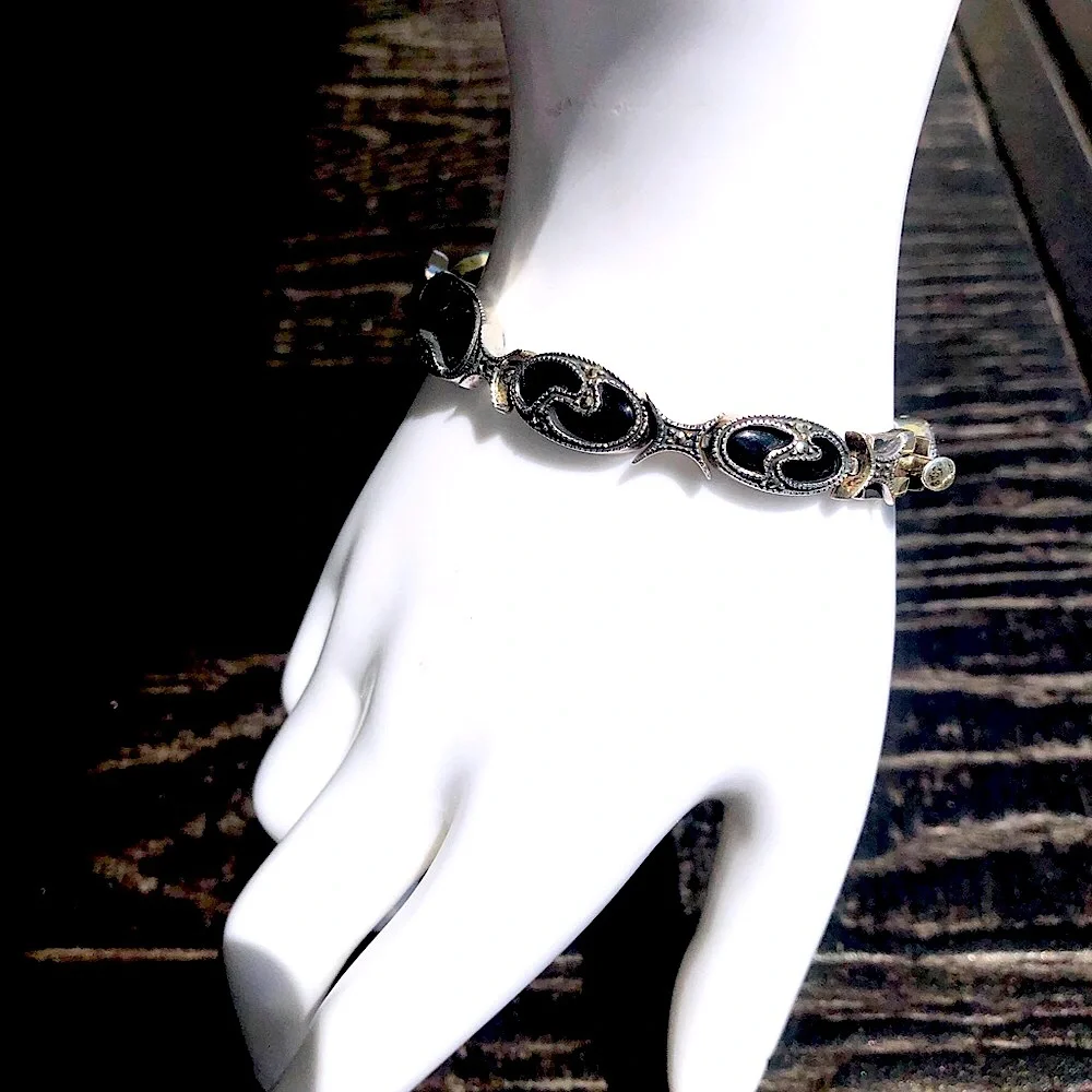JUDITH JACK Vintage Black Onyx Marcasite Sterling Silver Art Deco Bracelet